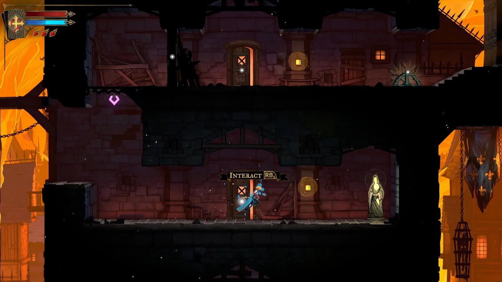 Rose runs toward a Virgin mary Statue in the Prison Tower of Castlevania: Belmont's Curse. Two doors are nearby along with a lever.