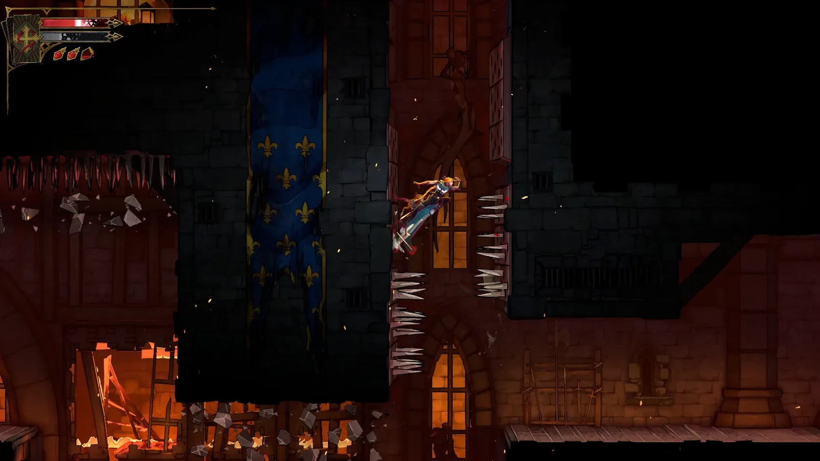 Rose wall jumps past spikes in the Torture Level of Castlevania: Belmont's Curse.