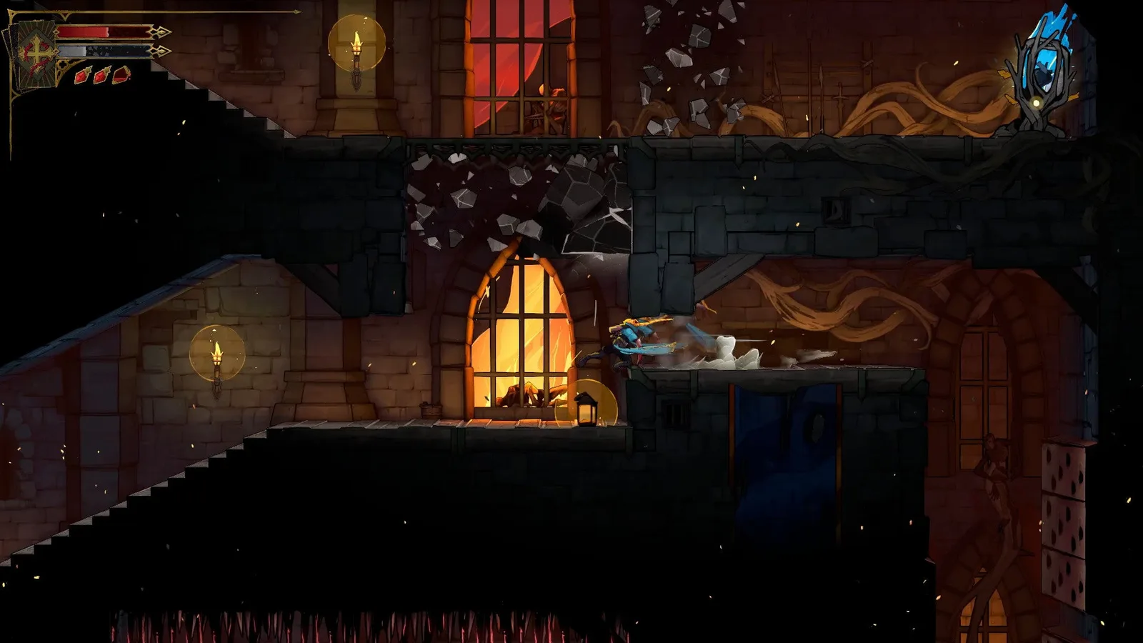Rose sldies under a gap in Castlevania: Belmont's Curse. Chaos Shard walls and a Wise Heart Fragment are above her.