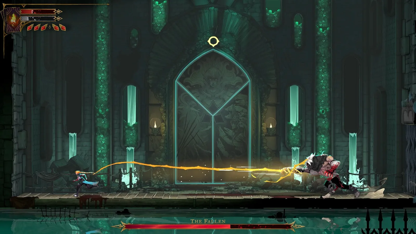 The Fallen swipes at Rose with his long-range Arcane Whip in Castlevania: Belmont's Curse.