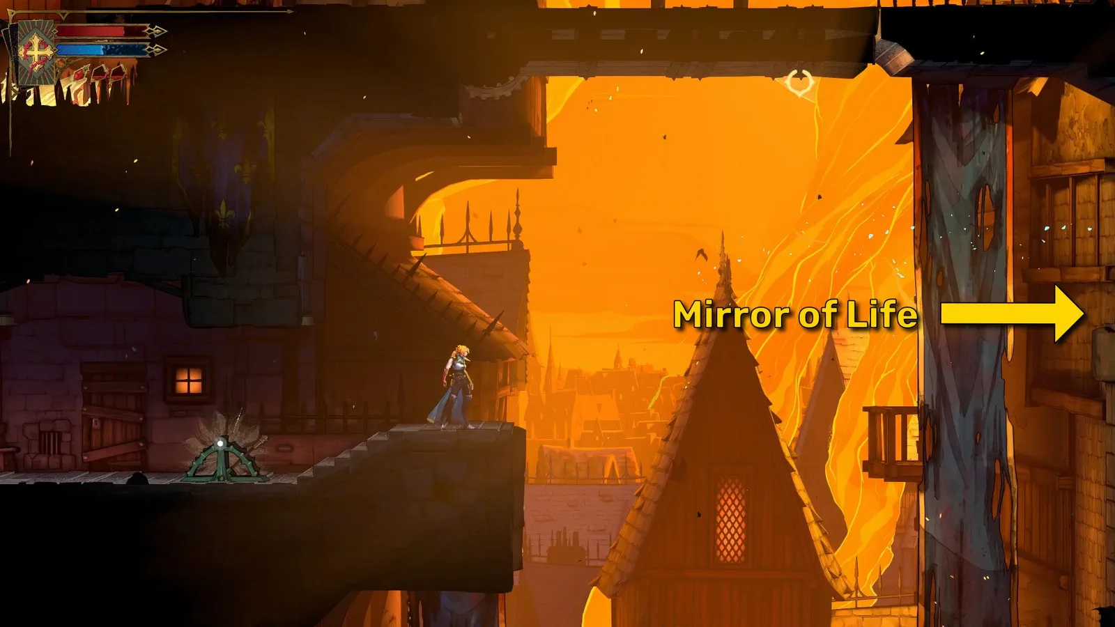 A yellow arrow points right, identifying a Mirror of Life save point in the Prison Tower of Castlevania: Belmont's Curse