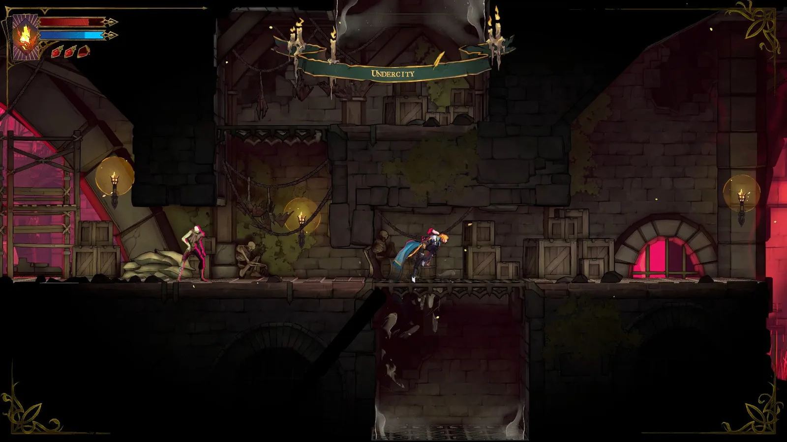 Rose jumps through a grate to emerge in the Undercity of Castlevania: Belmont's Curse.
