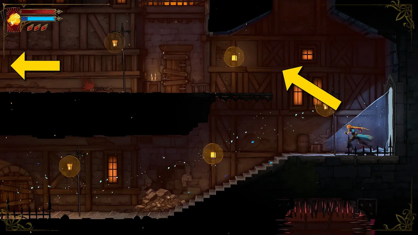 Yellow arrows tell Rose to take the upper route as she exits a save room in the Prison Tower of Castlevania: Belmont's Curse.