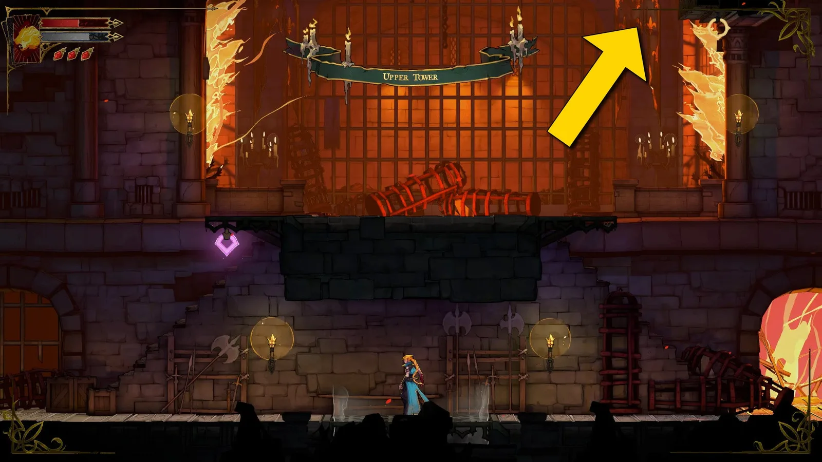 Rose stands in the Upper Tower of Castlevania: Belmont's Curse. An arrow indicates that she should move to the upper-right.