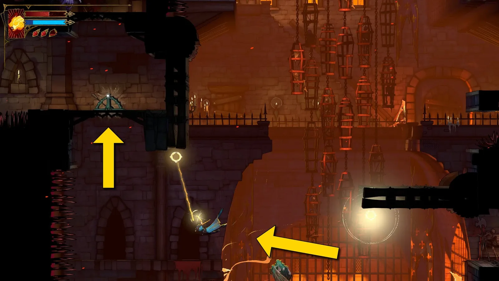 Yellow arrows tell the player to navigate Rose to the left and up to access a lever in the Upper Tower of Castlevania: Belmont's Curse.