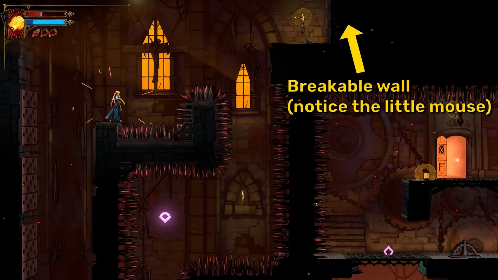 A yellow arrow points out a breakable wall in Castlevania: Belmont's Curse, identified by a small mouse standing by it.