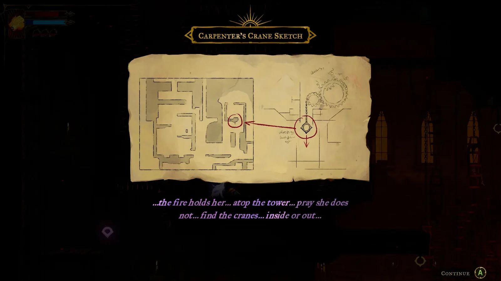 A sketch of a hidden mechanism in a crane in the Prison Tower of Castlevania: Belmont's Curse.