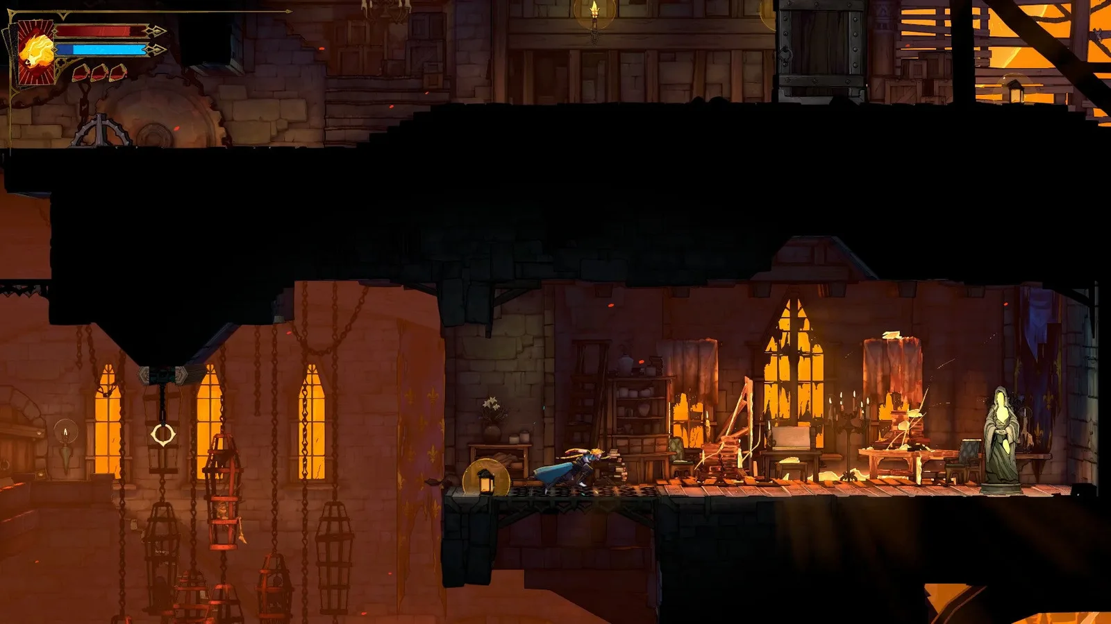 Rose runs toward a Virgin Mary Statue in a room filled with drapes and other finery in the Prison Tower of Castlevania: Belmont's Curse.