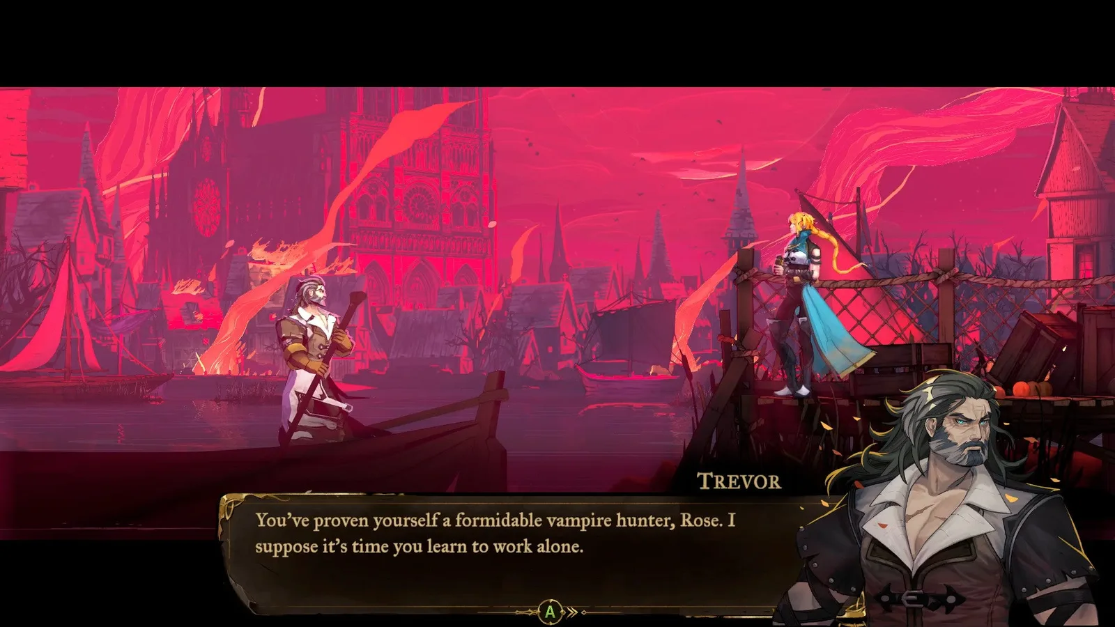 Trevor Belmont tells Rose that she has become a formidable vampire hunter at the start of Castlevania: Belmont's Curse.