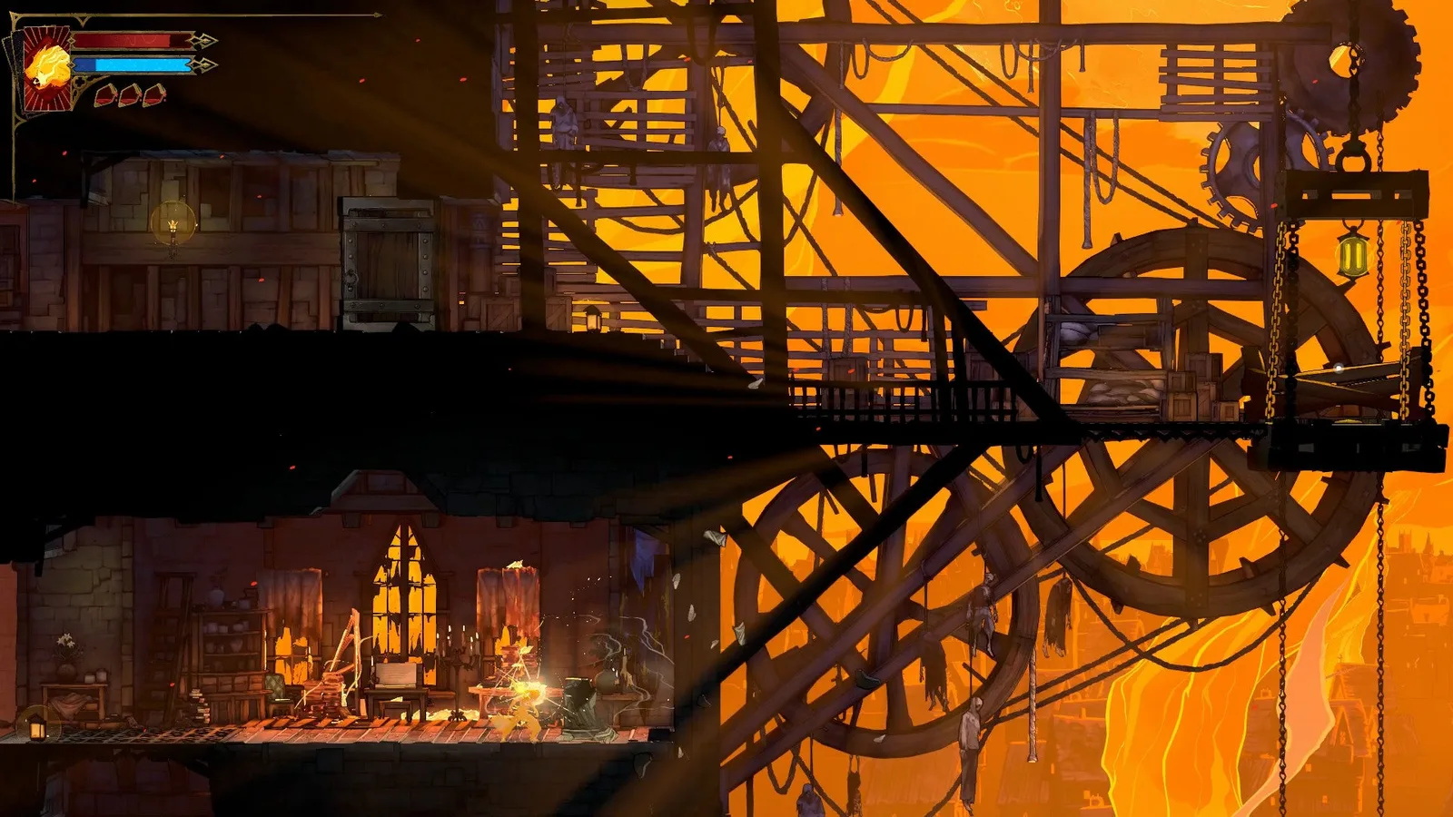 A zoomed-out view of the Outer Tower in Castlevania: Belmont's Curse, showing large pulleys and other signs of construction.