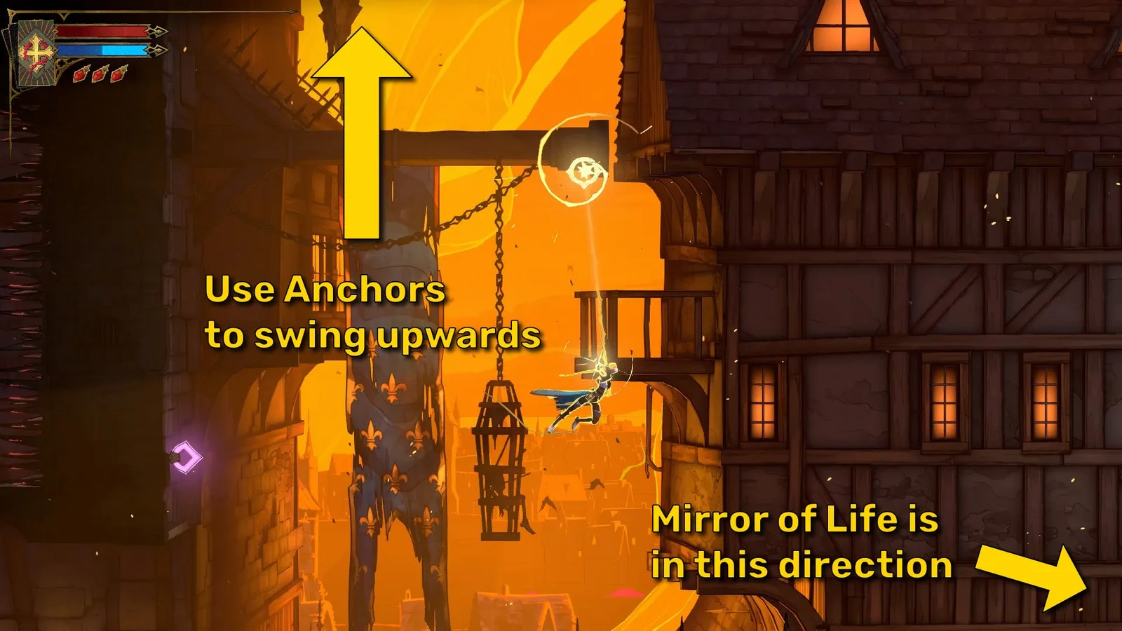 Yellow arrows point out directions for Rose as she swings outside the Prison Tower in Castlevania: Belmont's Curse. One arrow points upwards while another shows the relative direction of the Mirror of Life to the south-east.