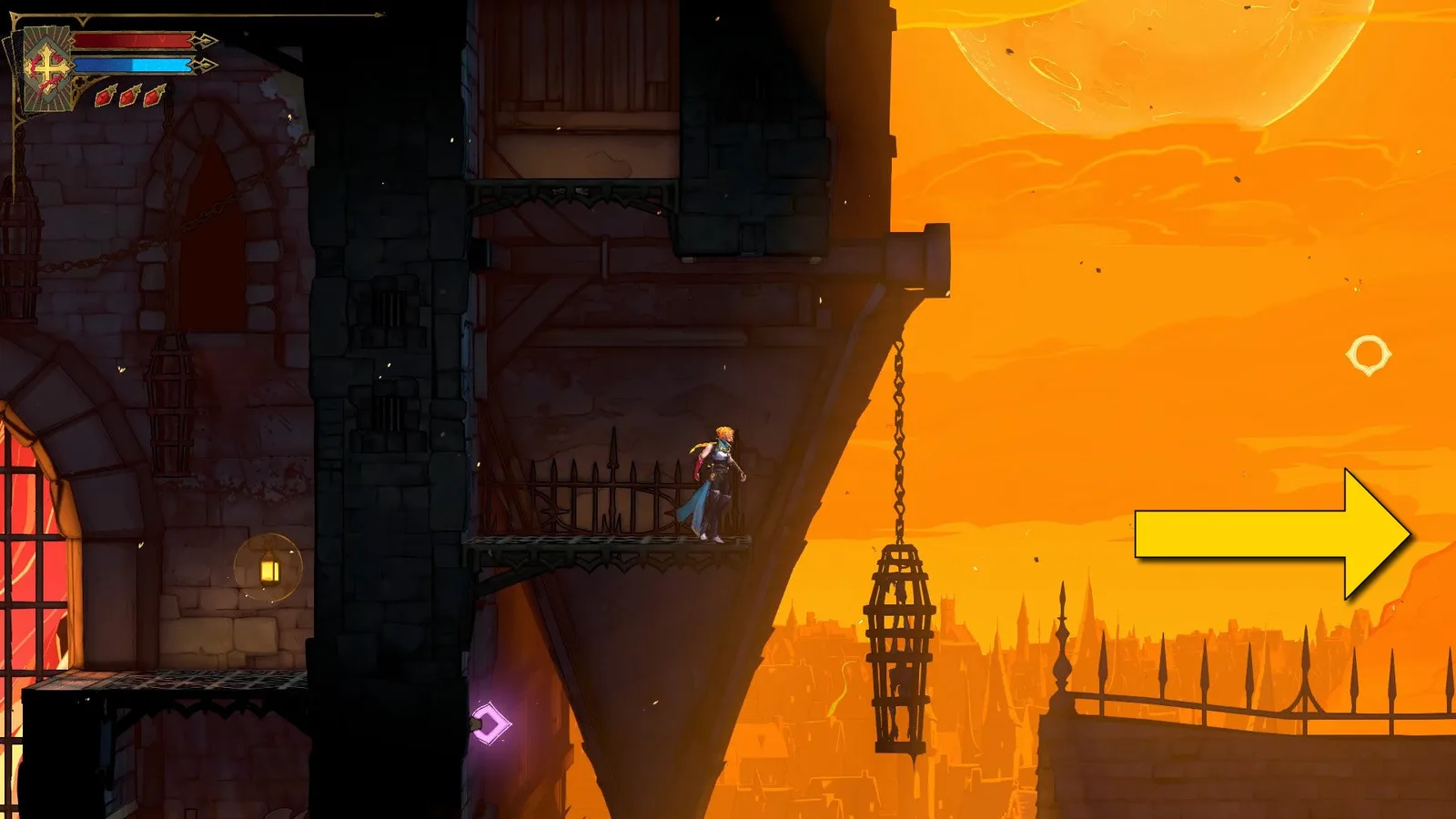 Rose stands on a platform of the Prison Tower in Castlevania: Belmont's Curse. A yellow arrow indicates that she should go right.