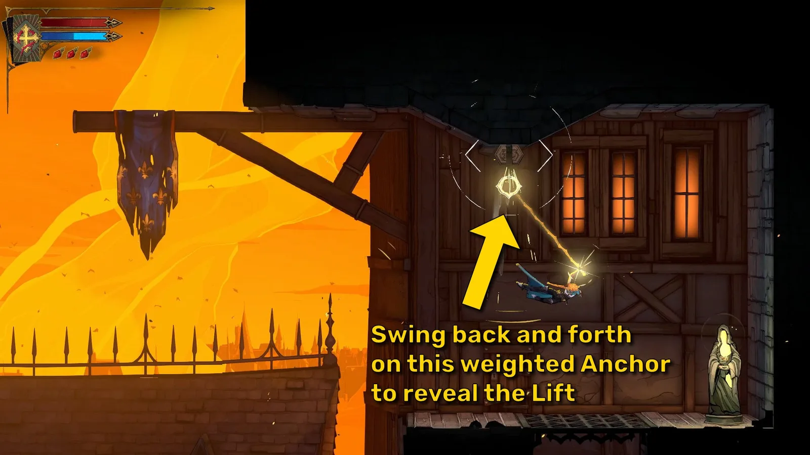A yellow arrow points out a special weighted Anchor that Rose needs to repeatedly swing on to activate the hidden lift in Castlevania: Belmont's Curse's Prison Tower.
