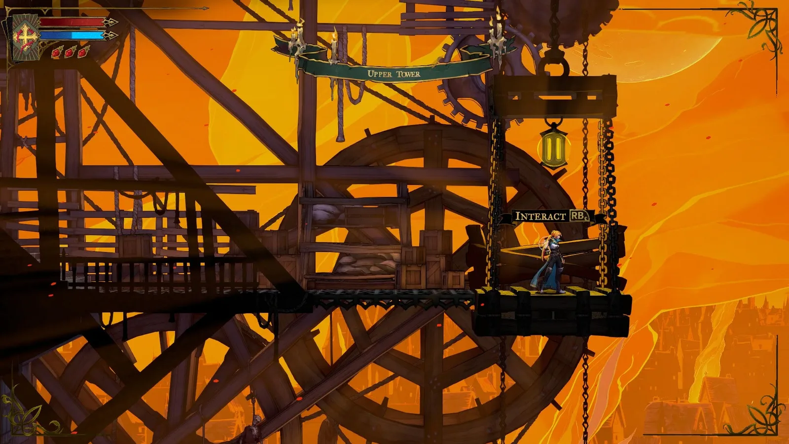 Rose stands atop a lift in the under-construction section of Castlevania: Belmont's Curse's Outer Tower.