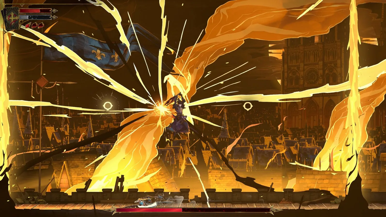 Joan jumps and prepares to unleash a wave of fire from her sword during the battle against her in Castlevania: Belmont's Curse.