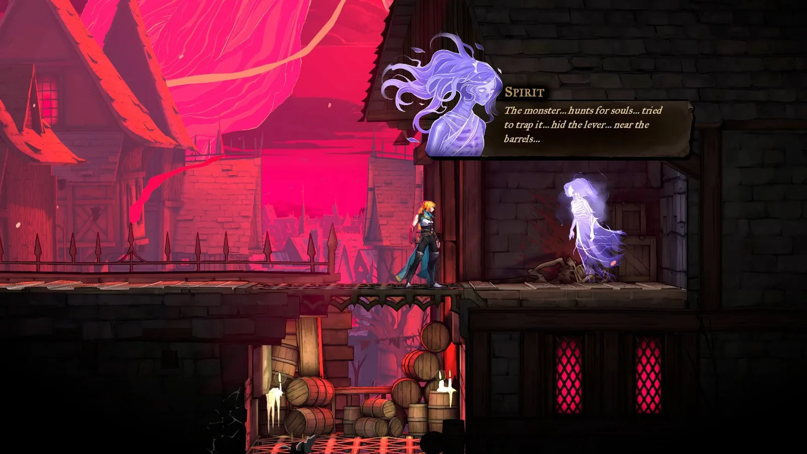 Rose speaks with a Spirit in Castlevania: Belmont's Curse, who tells her that they tried to trap a monster, and hid a lever near some barrels.