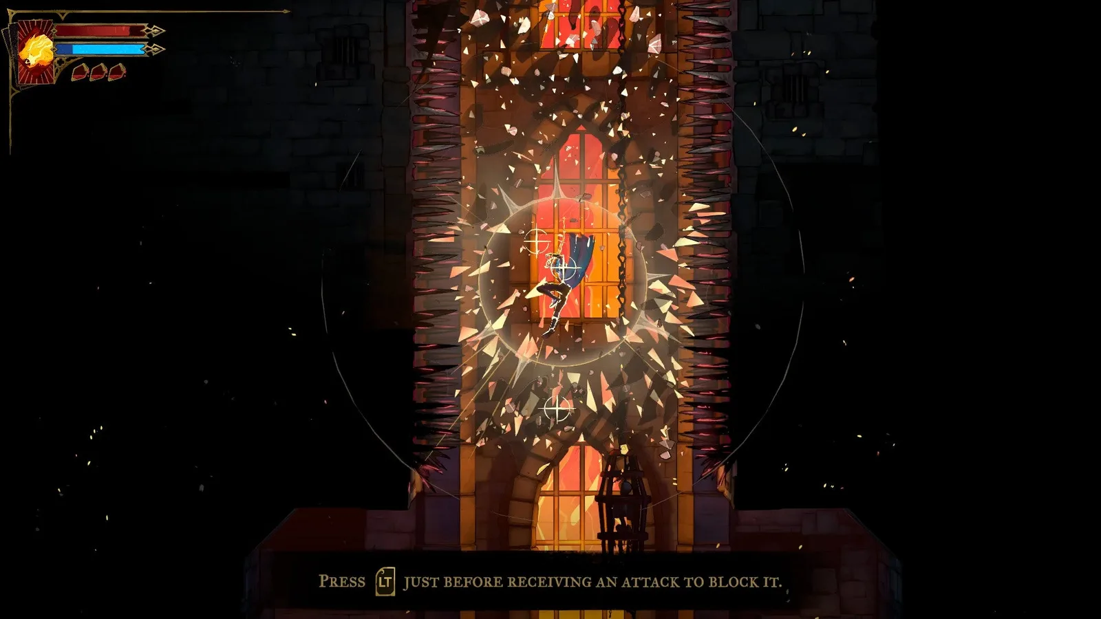 Rose Belmont uses Holy Light to break away several Chaos Shard walls as she falls down a steep vertical shaft in Castlevania: Belmont's Curse.