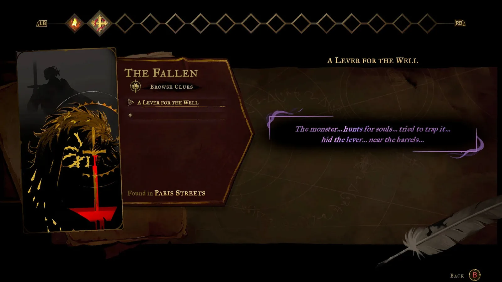 The Fallen Tarot card in Castlevania: Belmont's Curse, displaying a hint that this monster was trapped somewhere, and the lever hidden by some barrels.