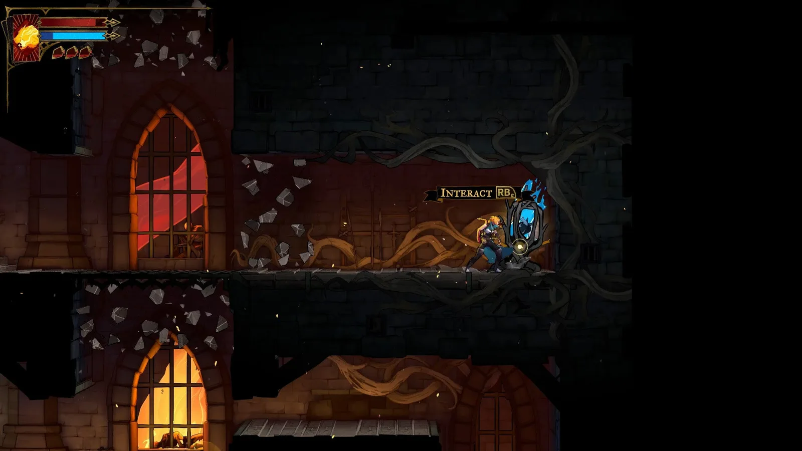 Rose stands next to a blue Wise Heart Fragment in Castlevania: Belmont's Curse.