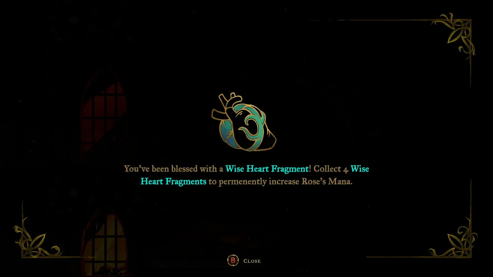 The description of a Wise Heart Fragment in Castlevania: Belmont's Curse, explaining that if four are found, Rose Belmont's health will increase.