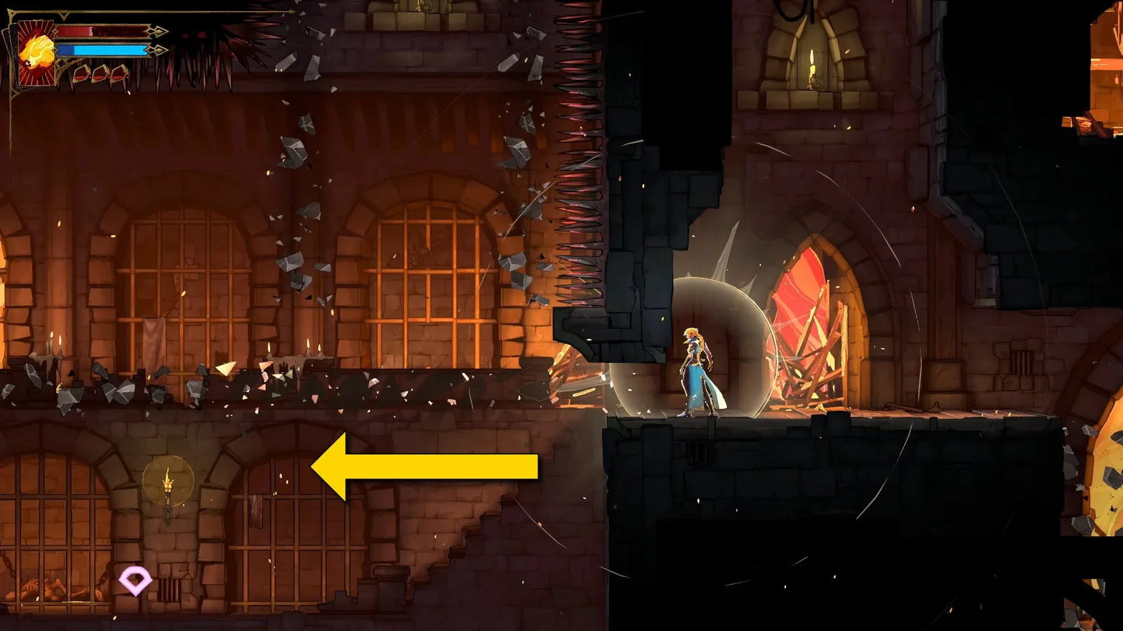 Rose needs to slide under a tight gap filled with Chaos Shards as she starts an intense platforming challenge in Castlevania: Belmont's Curse.