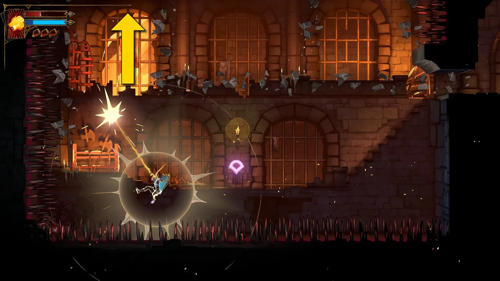 A yellow arrow indicates that the player needs to swing up during this platforming challenge in Castlevania: Belmont's Curse.