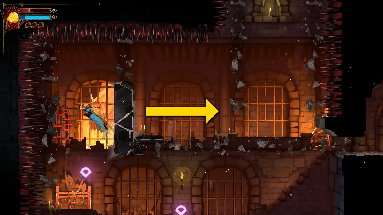A yellow arrow tells Rose to go right as she wall jumps along Chaos Shard walls in a crazy platforming section in Castlevania: Belmont's Curse.