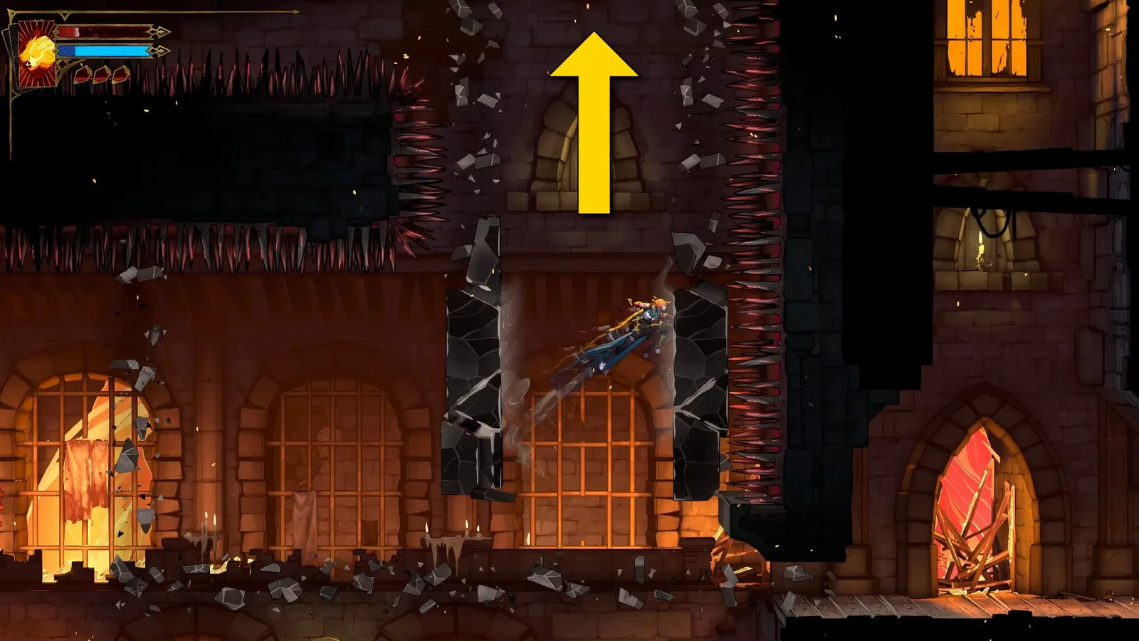 A yellow arrow tells Rose to wall jump up a series of Chaos Shard walls in a crazy platforming section in Castlevania: Belmont's Curse.