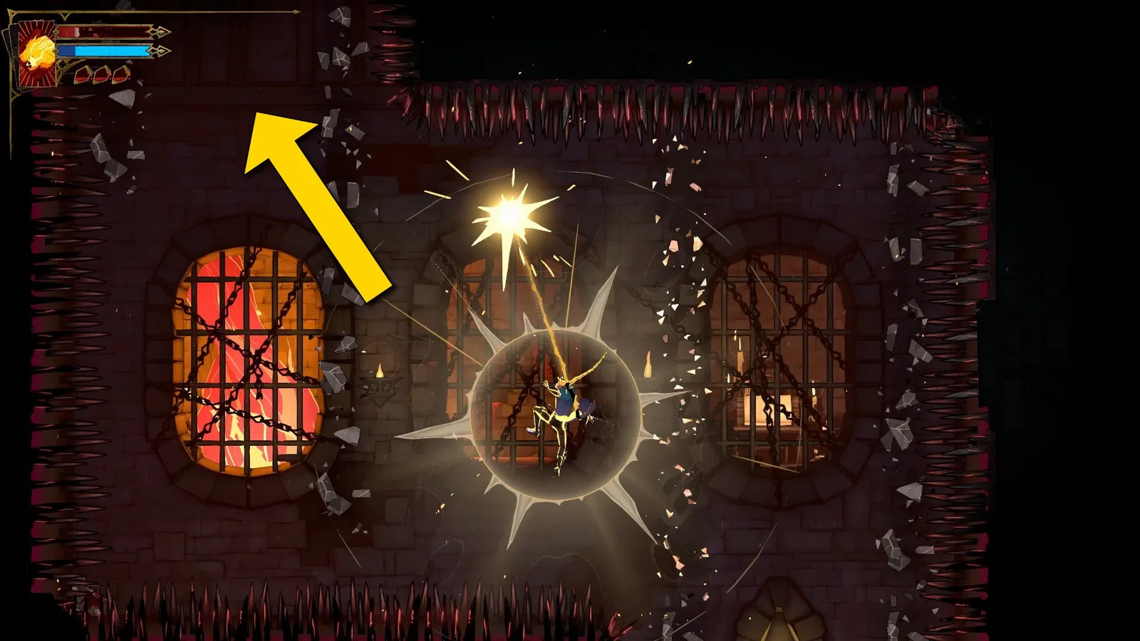 A yellow arrow tells Rose to swing upwards as she uses Holy Light to navigate a crazy platforming section in Castlevania: Belmont's Curse.