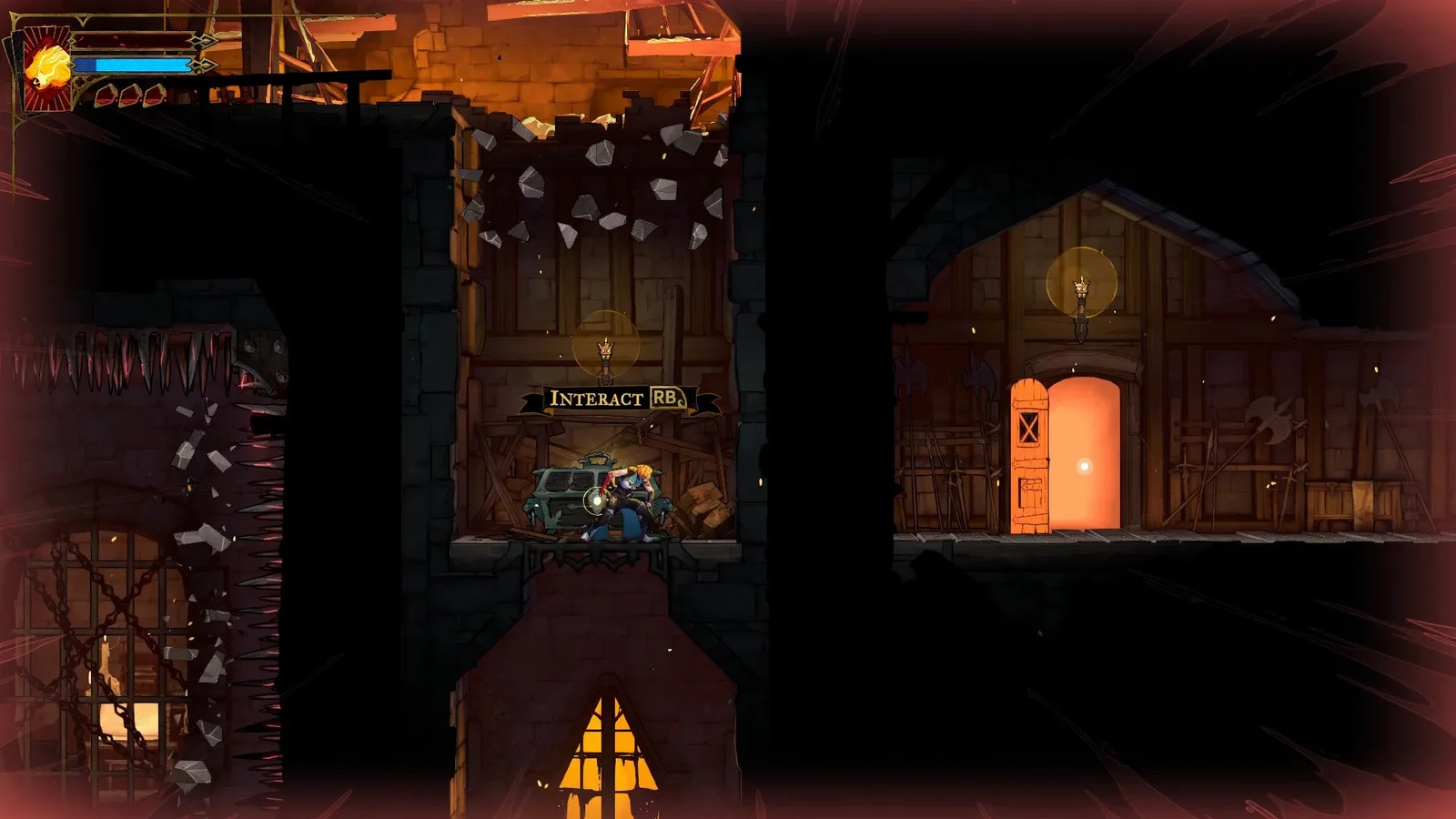 Rose kneels next to a chest after using Holy Light in Castlevania: Belmont's Curse.