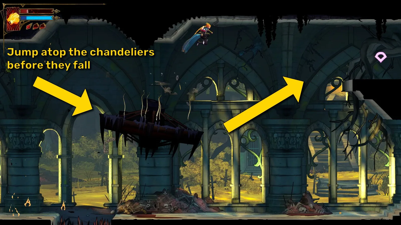 Yellow arrows indicate that Rose needs to jump across some chandeliers before they fall in Castlevania: Belmont's Curse.