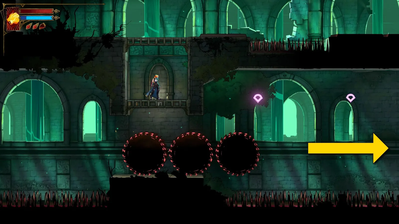 Rose stands above three huge saw blades that are passing under her in Castlevania: Belmont's Curse. A yellow arrow indicates that she needs to move east.