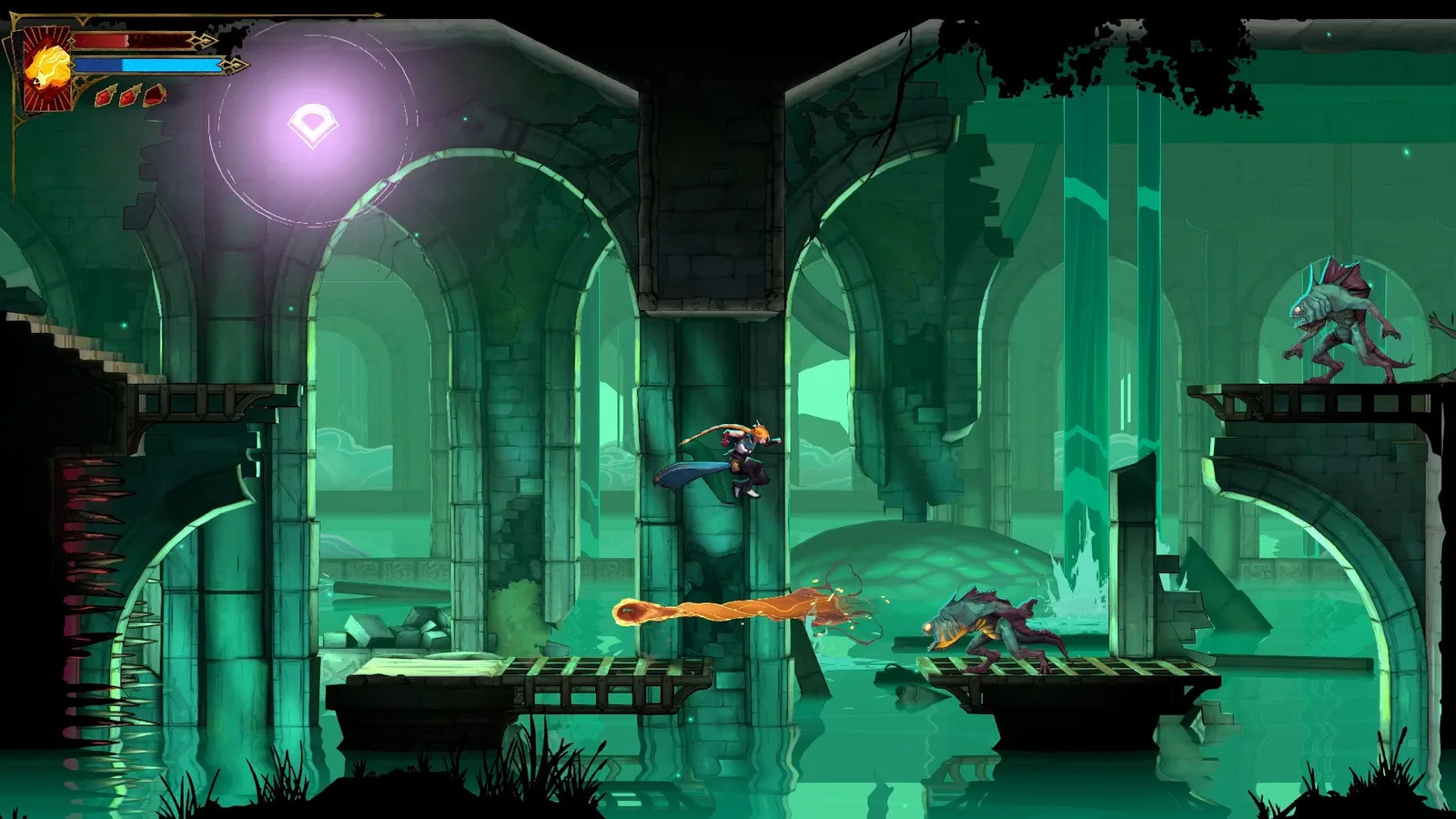 Rose jumps over a fireball shot from a Merman in Castlevania: Belmont's Curse.