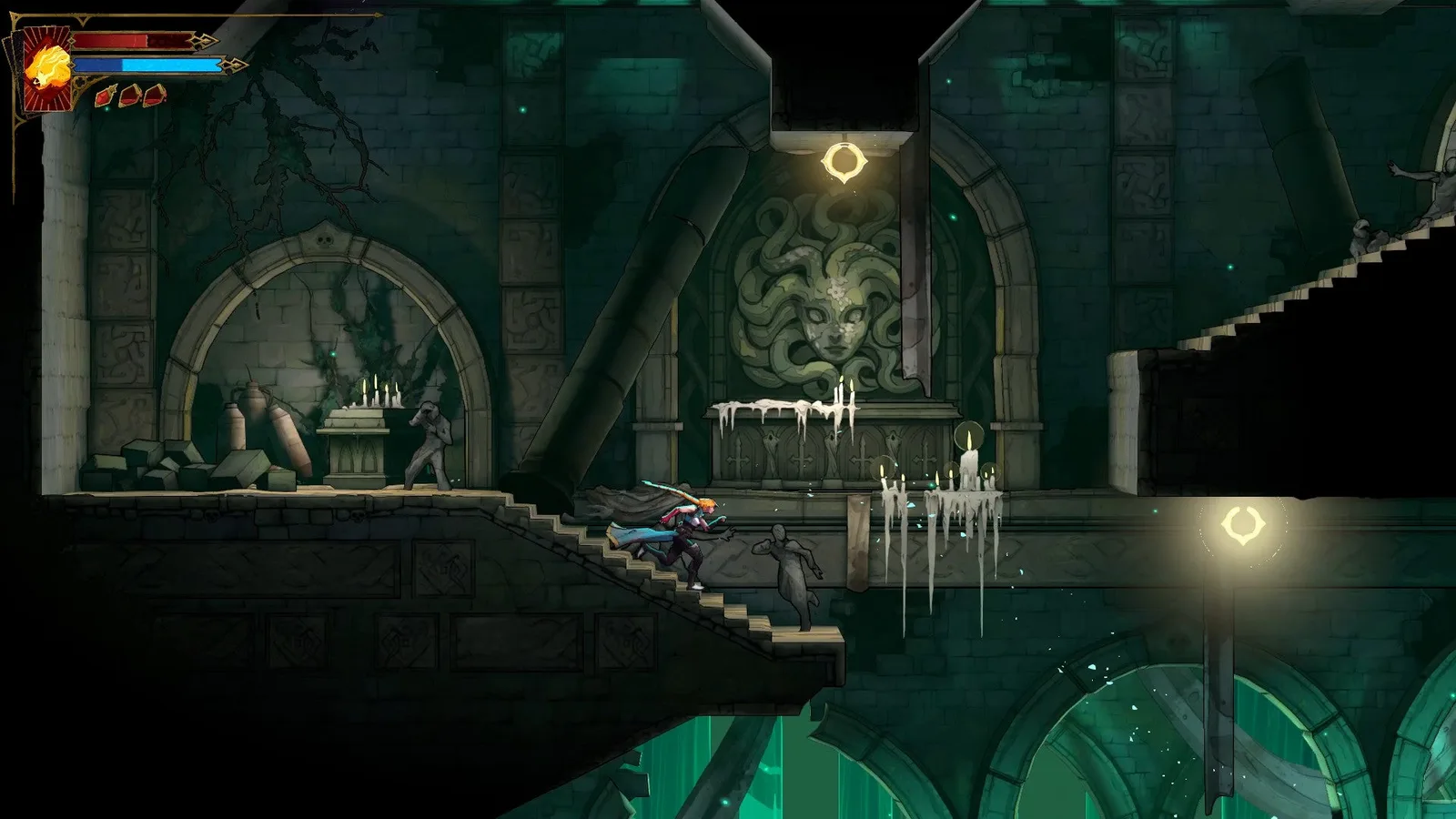 Rose runs past a motif of Medusa in the Roman Baths of Castlevania: Belmont's Curse.