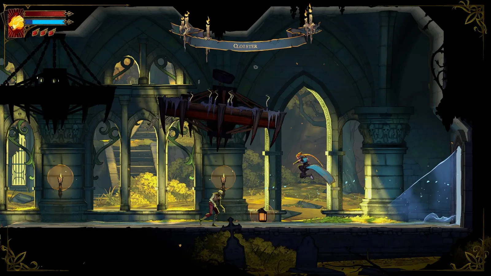 Rose enters the Cloister, a cemetery area that has falling chandeliers in Castlevania: Belmont's Curse.