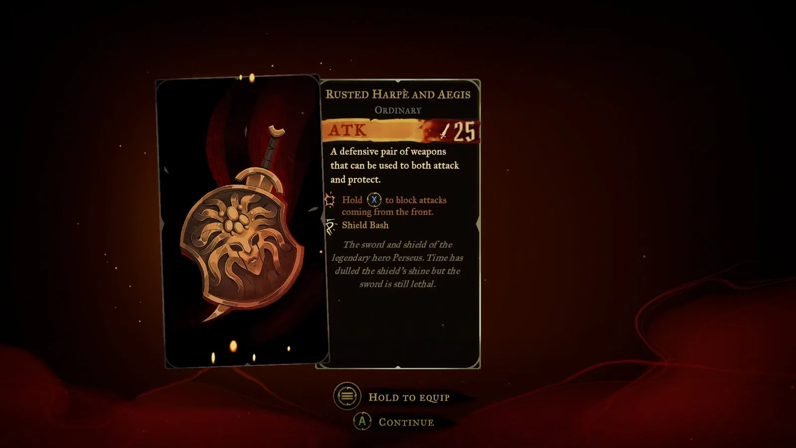 A menu description of the Rusted Harpē and Aegis, a sword and shield weapon combo, in Castlevania: Belmont's Curse.