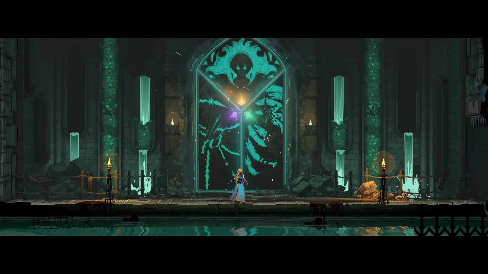 Rose prepares to enter the door of the Catacombs in Castlevania: Belmont's Curse.