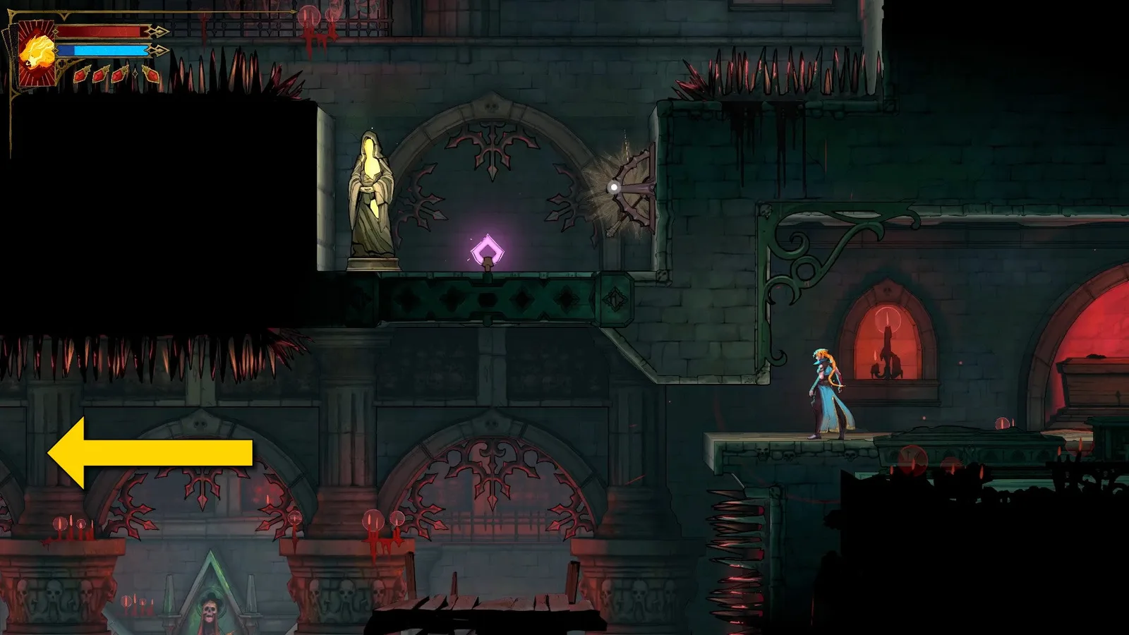 A yellow arrow indicates that the player needs to go to the left to reach a Virgin Mary Statue in Castlevania: Belmont's Curse.