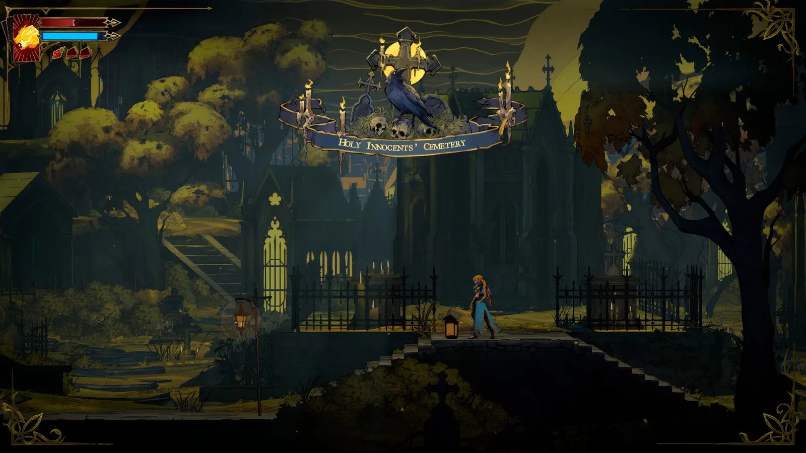 Rose Belmont enters the haunting Holy Innocents' Cemetery in Castlevania: Belmont's Curse.