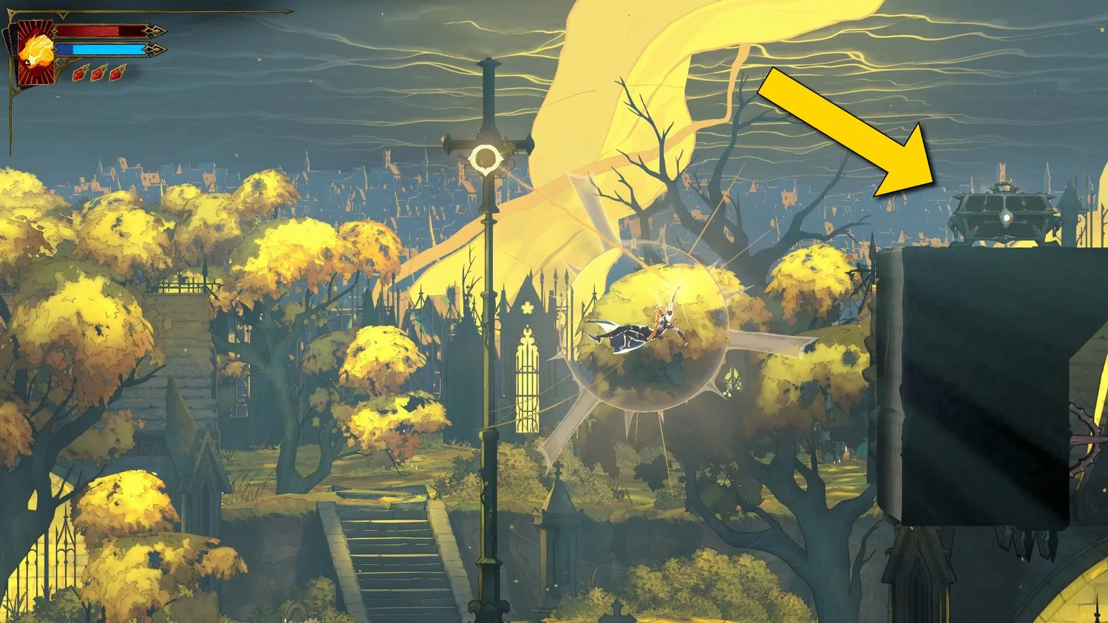 Rose swings across the Holy Innocents' Cemetery in Castlevania: Belmont's Curse. A yellow arrow points out a chest on a platform nearby.
