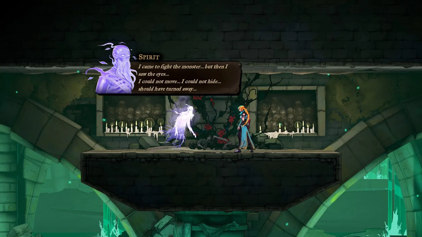 Rose speaks with a Spirit who gives her a hint about the Prophetess' stone gaze in Castlevania: Belmont's Curse.