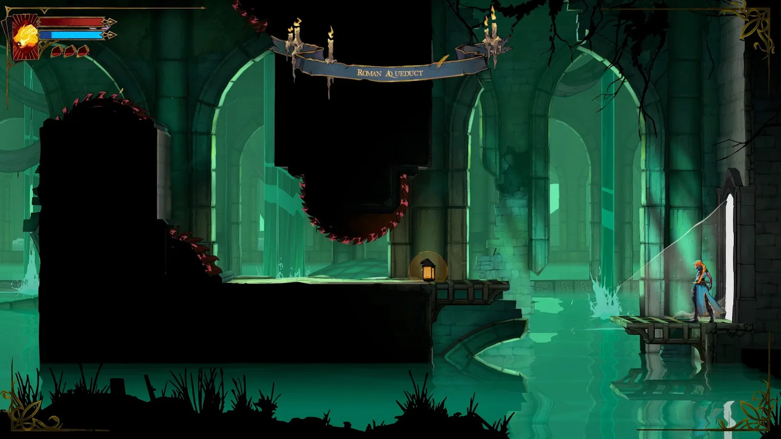 Rose stands in the Roman Aqueduct of Castlevania: Belmont's Curse, where giant saw blades spin back and forth.
