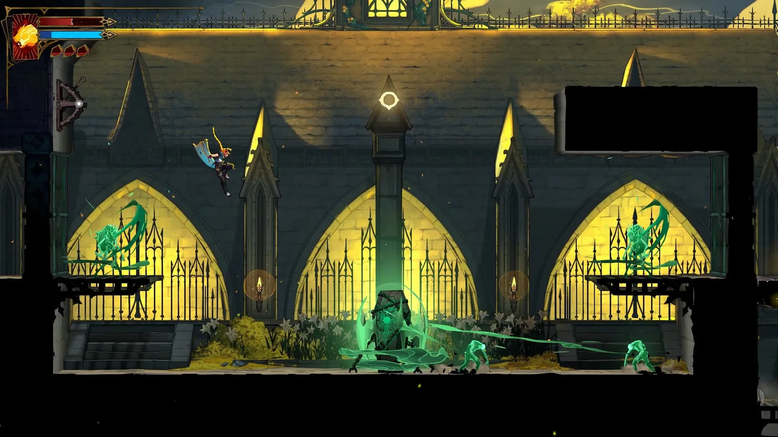 Rose fights a gauntlet of enemies spawning from a glowing green coffin in Castlevania: Belmont's Curse.