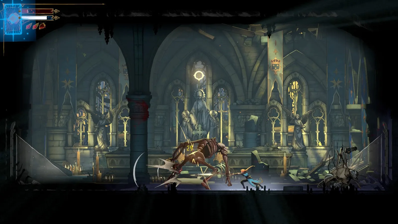 Rose fights a Giant Skeleton in the cemetery of Castlevania: Belmont's Curse.