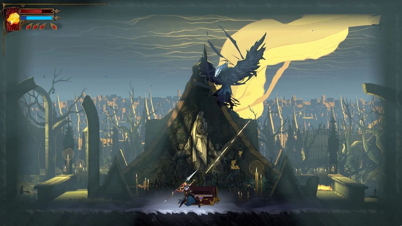 Rose aims a Lance at a Malphas flying above her in the cemetery of Castlevania: Belmont's Curse.