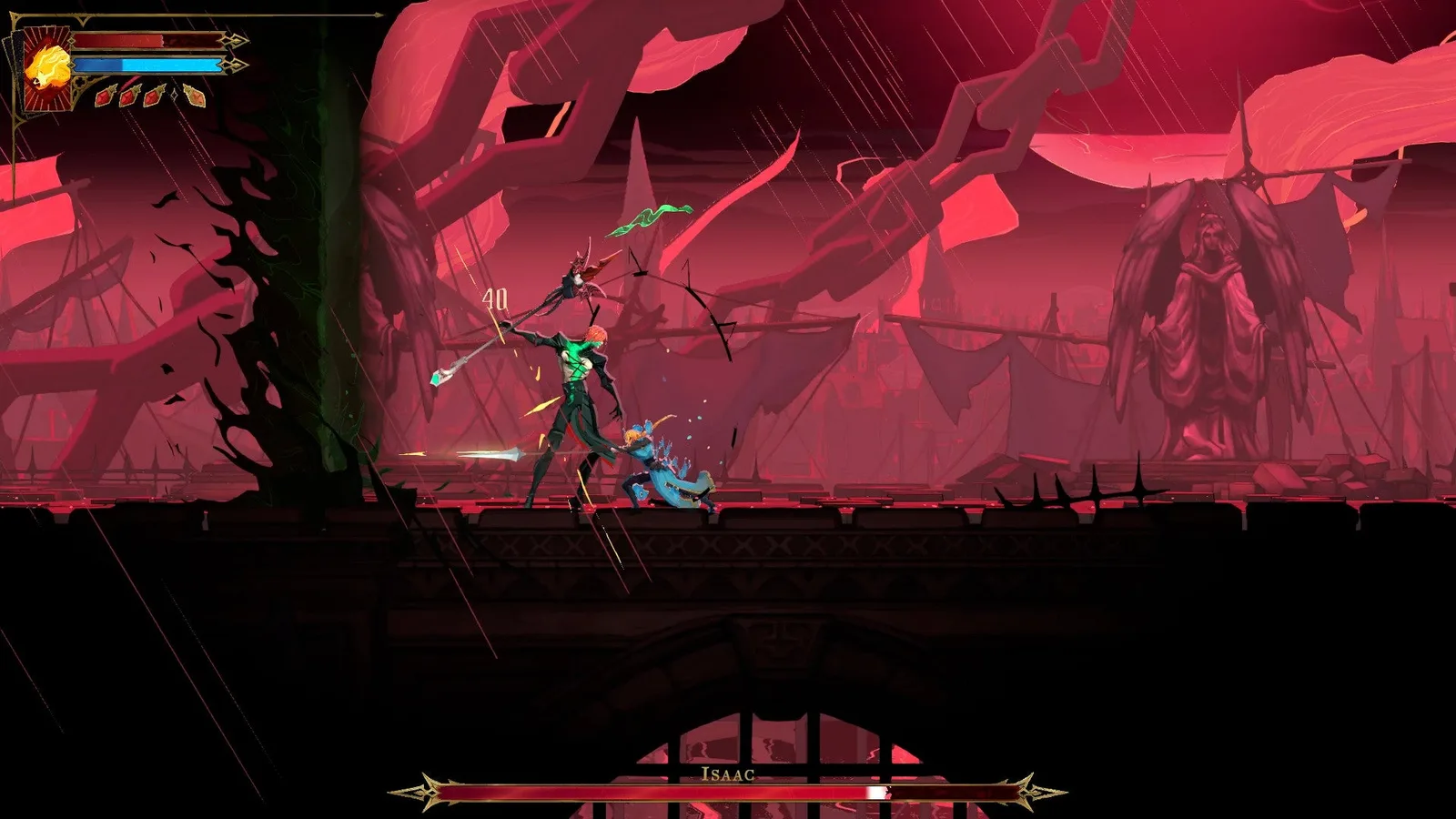 Rose attacks the spear-wielding Isaac with her lance during this fight in the Main Hall of Castlevania: Belmont's Curse.