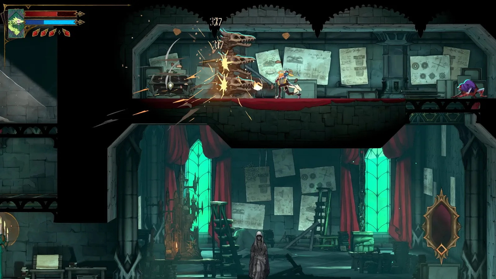 Rose dashes towards a Bone Pillar in the Abandoned Workshop of Castlevania: Belmont's Curse.