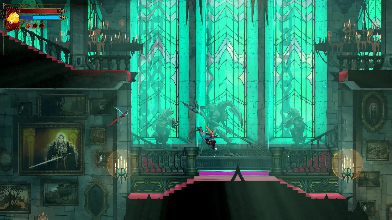 Rose navigates the Grand Hall of Dracula's Castle in Castlevania: Belmont's Curse. Several statues are in the background, and the central and most notable one shows a bony beaked creature - Slogra, from past Castlevanias.