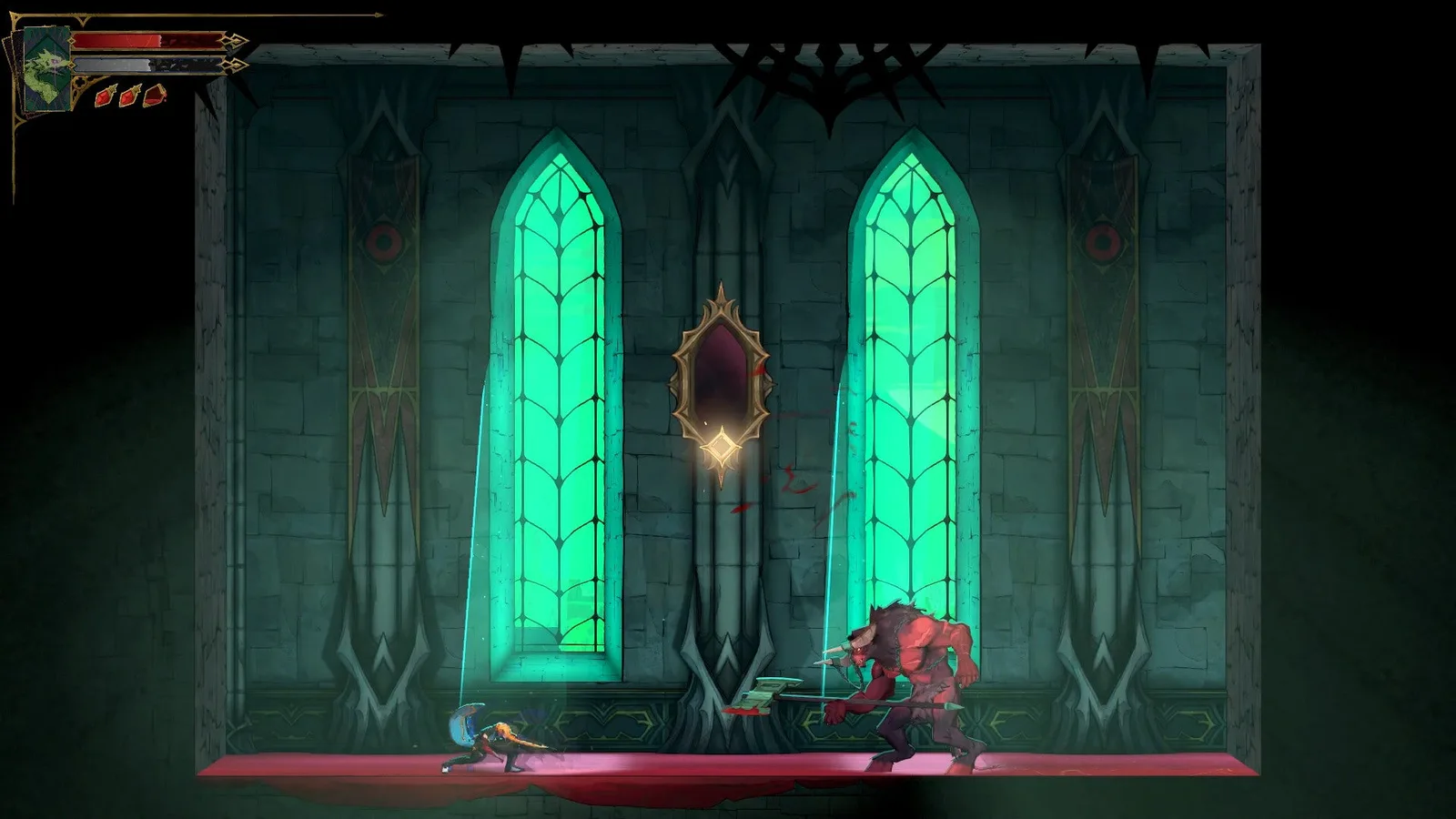 Rose fights a Minotaur one-on-one in a tight, enclosed space in the Main Hall of Castlevania: Belmont's Curse.