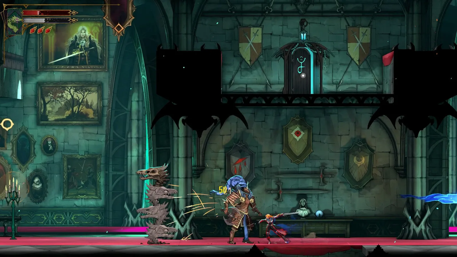 Rose attacks an Axe Armor in Castlevania: Belmont's Curse. A Bone Pillar is nearby; meanwhile, the Ferryman's Wharf door of the Main Hall is above her.